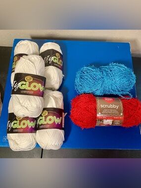 Lion Brand White Glow & Red & Blue Scrubby Red Heart Yarn Bundle